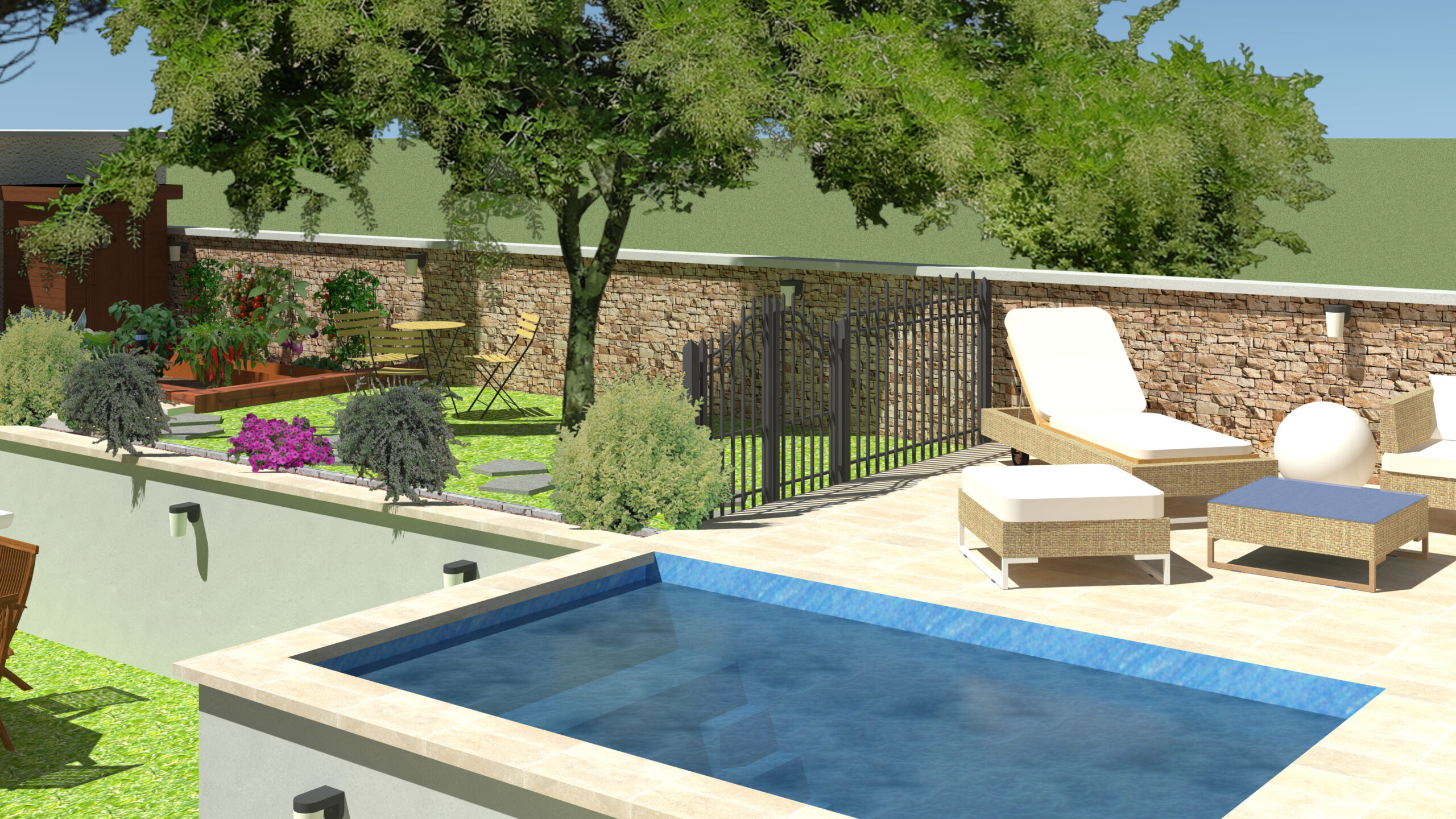 Maquette 3D d'un jardin avec terrasse et piscine